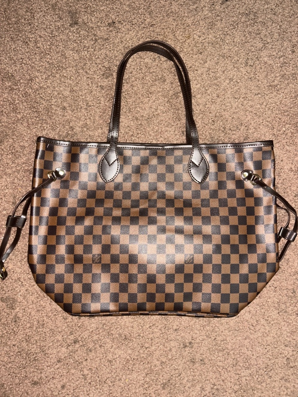 New Brown Checkered Tote Bag with Removable Pouch - Picture 5 of 5